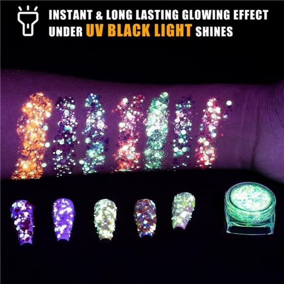 Glow inThe DarkBody Face Glitter Gel,12Colors Luminous Iridescent Chunky Glitter - Picture 2 of 6